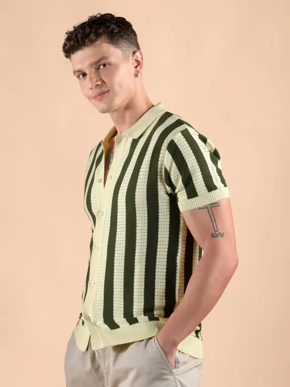 Olive Green Striped Flat Knit Shirt